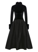 Elegant Velvet High-Neck Faux Fur Cuff Midi Dress