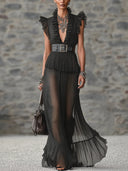 Elegant Polka Dot Print Tulle Ruffle Maxi Dress