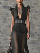 Elegant Polka Dot Print Tulle Ruffle Maxi Dress