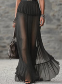 Elegant Polka Dot Print Tulle Ruffle Maxi Dress