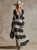 Exquisite Retro Black And White Lace Striped Maxi Dress