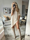 Asymmetrical Hem High-neck Knit Midi Dress