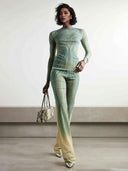 Artistic Abstract Print Sheer Knit Long-Sleeve Top