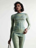 Artistic Abstract Print Sheer Knit Long-Sleeve Top