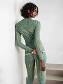 Artistic Abstract Print Sheer Knit Long-Sleeve Top