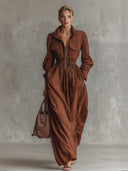Casual Zip-up Collar Elastic Waist Maxi Dress