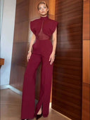 Elegant High-Neck Mesh Panel Top & Slit Pants Two-Piece Set