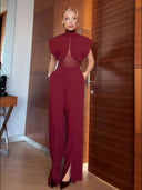 Elegant High-Neck Mesh Panel Top & Slit Pants Two-Piece Set