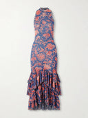 Fashionable Ruffled Paisley Print Tulle Midi Dress