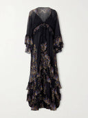 Retro Ruffled Paisley Print Chiffon Maxi Dress