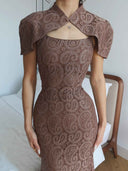 Elegant Lace Cape-Neck Fitted Maxi Dress