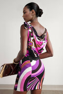 Fashion Satin Knotted Draped Print Mini Dress