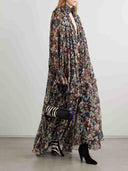 Casual Pleated Printed Chiffon High-Neck Maxi Dress