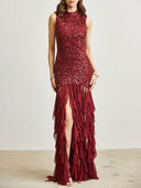 Elegant Sequined Backless High-neck Maxi Dress