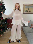Elegant Ruffled Pleated Long-Sleeve Top