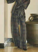 Asymmetric Draped Plaid Long-Sleeve Top