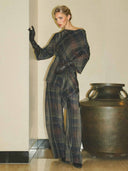 Asymmetric Draped Plaid Long-Sleeve Top