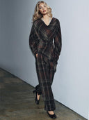 Asymmetric Draped Plaid Long-Sleeve Top