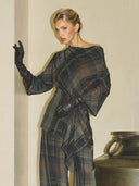Asymmetric Draped Plaid Long-Sleeve Top