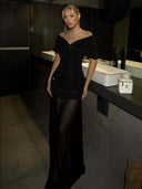 Elegant Off-Shoulder Sheer Mesh Pleated Maxi Dress