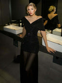 Elegant Off-Shoulder Sheer Mesh Pleated Maxi Dress