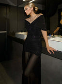 Elegant Off-Shoulder Sheer Mesh Pleated Maxi Dress