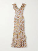 Fashion Off-Shoulder Ruffle Print Side-Slit Maxi Dress