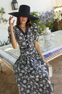 Retro V-Neck Floral Print Puff Sleeve Button-Front Top