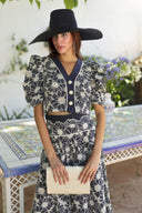 Retro V-Neck Floral Print Puff Sleeve Button-Front Top
