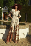 Elegant Palm Print Satin Elastic Waist Pocket Wide-Leg Jumpsuit