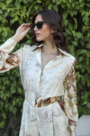 Elegant Palm Print Satin Elastic Waist Pocket Wide-Leg Jumpsuit