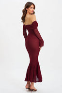 Exquisite Burgundy Off Shoulder Long Sleeve Crochet Mermaid Maxi Dress