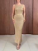 Elegant Sleeveless Crochet Knit Fitted Maxi Dress