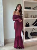 Exquisite Burgundy Off Shoulder Long Sleeve Crochet Mermaid Maxi Dress