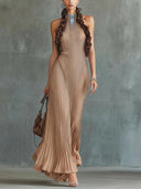 Elegant Halter Neck Pleated Maxi Dress