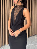 Elegant Draped Neckline Lace-trimmed Maxi Dress