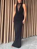 Elegant Draped Neckline Lace-trimmed Maxi Dress