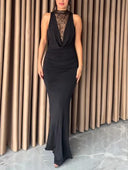 Elegant Draped Neckline Lace-trimmed Maxi Dress