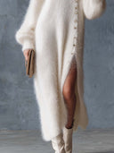 Elegant Fuzzy V-Neck Button-Detail Slit Maxi Sweater Dress