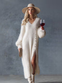 Elegant Fuzzy V-Neck Button-Detail Slit Maxi Sweater Dress