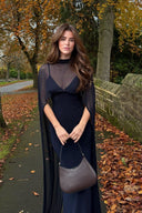 Sexy Navy Blue V-neck Sleeveless Sheer Fit Shawl-Style Spaghetti Strap Maxi Dress