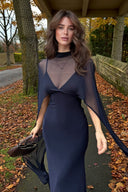 Sexy Navy Blue V-neck Sleeveless Sheer Fit Shawl-Style Spaghetti Strap Maxi Dress