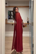 Sexy Burgundy V-neck Sleeveless Sheer Fit Shawl-Style Spaghetti Strap Maxi Dress