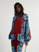 Unique Color-Block Print V-Neck Satin Loose Shirt