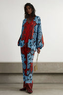 Unique Color-Block Print V-Neck Satin Loose Shirt