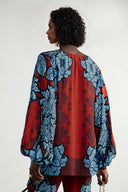 Unique Color-Block Print V-Neck Satin Loose Shirt