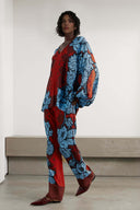 Unique Color-Block Floral Print Satin Piped Pocket Pants