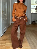 Elegant Satin High-Neck Long-Sleeve Blouse