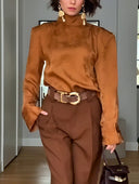 Elegant Satin High-Neck Blouse & Pants Two-Piece Set