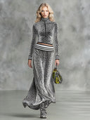 Retro Stand-Up Collar Leopard Print Velvet Top & Maxi Skirt Set